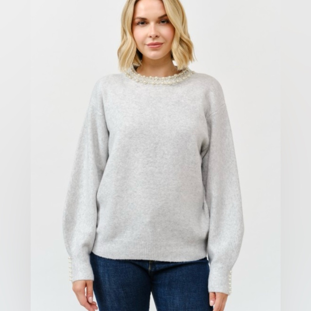 124. Camille, Pearl embellished sweater, heather grey, various sizes